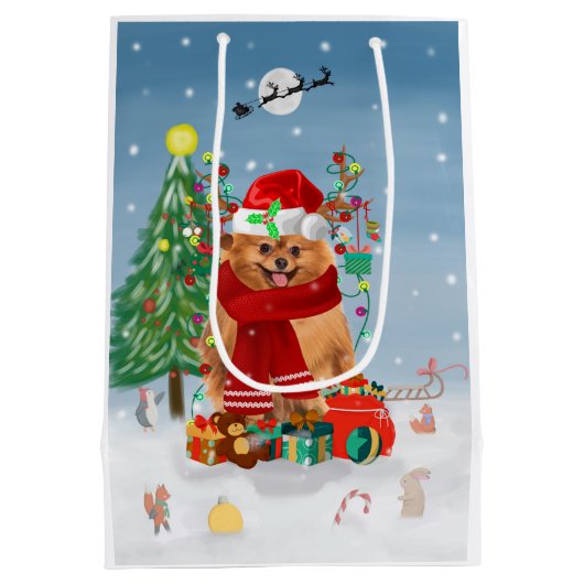 Pommeren met kerstcadeautjes medium cadeauzakje (Achterkant)