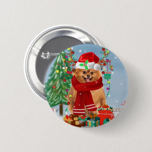 Pommeren met kerstcadeautjes ronde button 5,7 cm (Voorkant /achterkant)