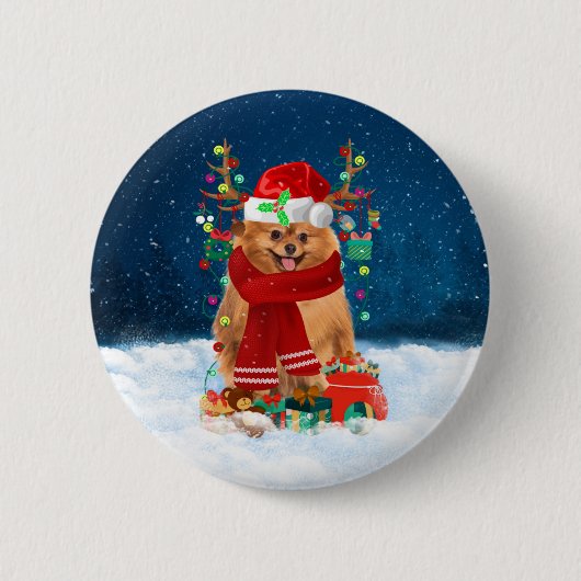 Pommeren met kerstcadeautjes ronde button 5,7 cm (Voorkant)