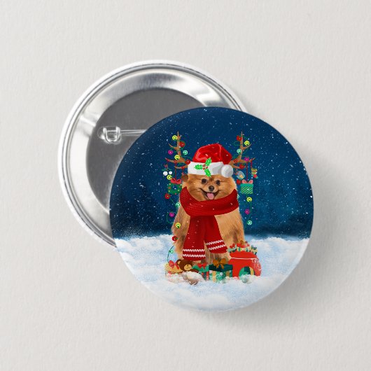 Pommeren met kerstcadeautjes ronde button 5,7 cm (Voorkant /achterkant)