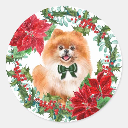 Pommeren Poinsettia Holly Holiday Wreath Ronde Sticker (Voorkant)