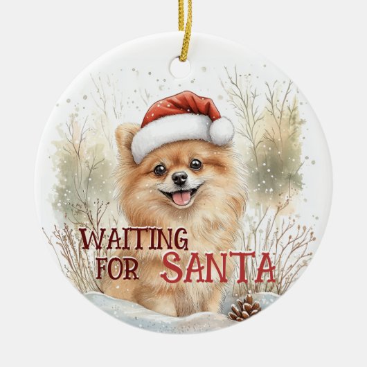 Pommeren wachten op Kerstman besneeuwde hond Kerst Keramisch Ornament (Voorkant)