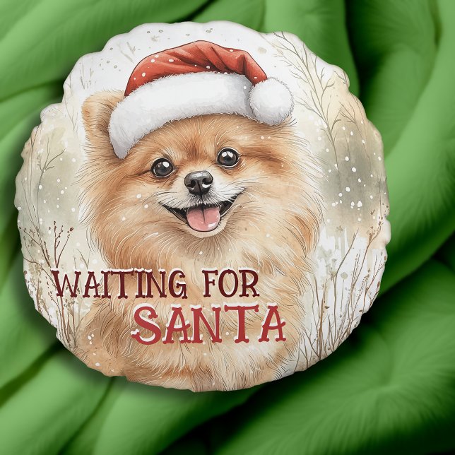 Pommeren wachten op Waterverf Santa Pom Rond Kussen (Pomeranian Waiting For Santa Pom Dog Watercolor Round Pillow. Personalize It!)