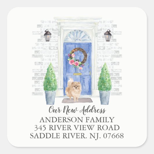 Pommerse Blauwe Deur Nieuw Adreslabel Sticker (Voorkant)