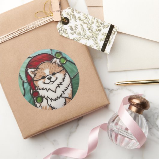 Pommerse Glas in lood Kerst Ronde Sticker (Geschenken)