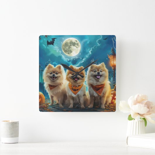 Pommerse Halloween Spooky Vierkante Klok (Huis)