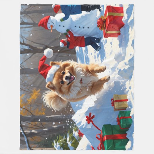 Pommerse hardlopen in de sneeuw met kerst Pet Fleece Deken (Voorkant)