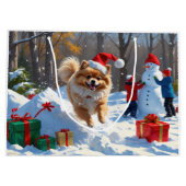 Pommerse hardlopen in de sneeuw met kerst Pet Groot Cadeauzakje (Achterkant)