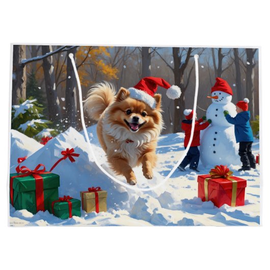 Pommerse hardlopen in de sneeuw met kerst Pet Groot Cadeauzakje (Achterkant)