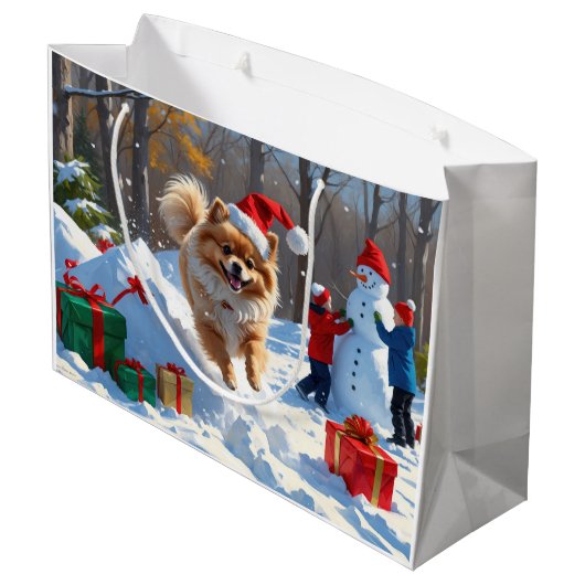Pommerse hardlopen in de sneeuw met kerst Pet Groot Cadeauzakje (Achterkant Gekanteld)