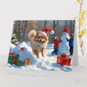 Pommerse hardlopen in de sneeuw met kerst Pet Kaart (Gele Bloem)