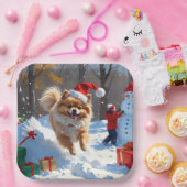 Pommerse hardlopen in de sneeuw met kerst Pet Papieren Bordje (Feest)