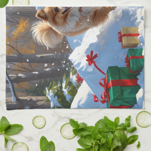 Pommerse hardlopen in de sneeuw met kerst Pet Theedoek (Gevouwen)