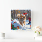 Pommerse hardlopen in de sneeuw met kerst Pet Vierkante Klok (Huis)