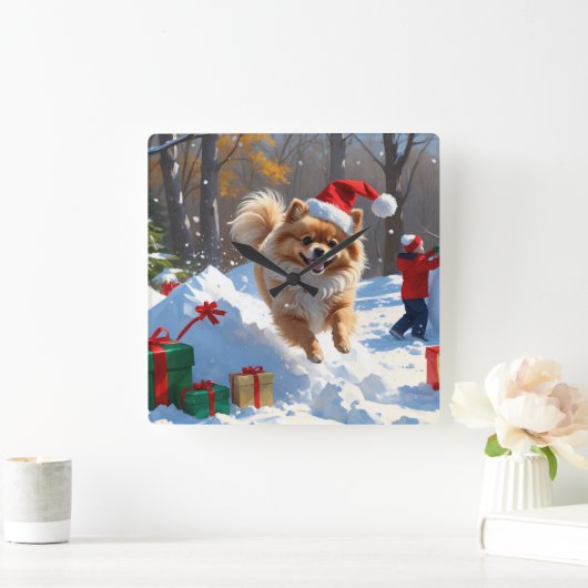 Pommerse hardlopen in de sneeuw met kerst Pet Vierkante Klok (Huis)