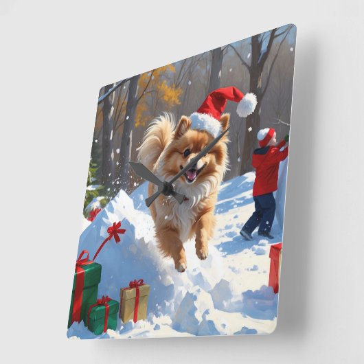 Pommerse hardlopen in de sneeuw met kerst Pet Vierkante Klok (Hoek)