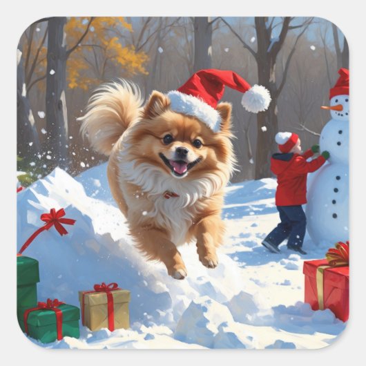 Pommerse hardlopen in de sneeuw met kerst Pet Vierkante Sticker (Voorkant)