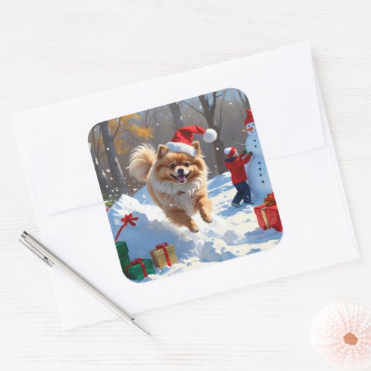 Pommerse hardlopen in de sneeuw met kerst Pet Vierkante Sticker (Envelop)