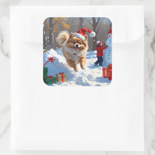 Pommerse hardlopen in de sneeuw met kerst Pet Vierkante Sticker (Tas)