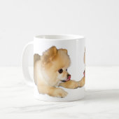 Pommerse hond die tong uit tikt koffiemok (Voorkant links)