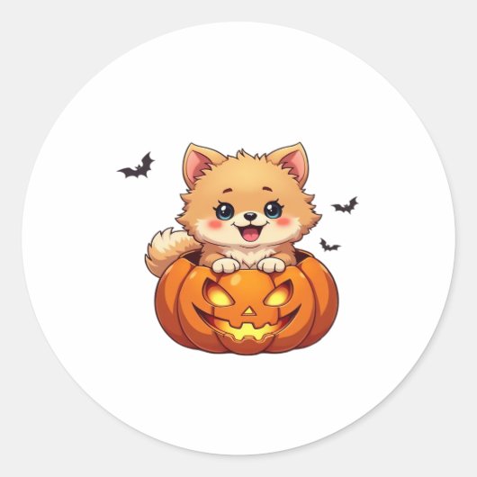 Pommerse hond Happy Halloween pompoen Classic T-S Ronde Sticker (Voorkant)