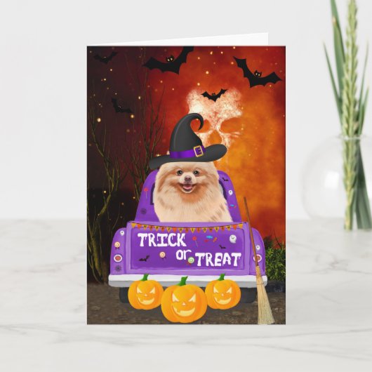 Pommerse Hond in Halloween Truck Kaart (Voorkant)