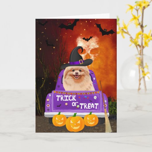 Pommerse Hond in Halloween Truck Kaart (Gele Bloem)