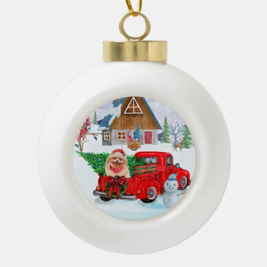 Pommerse hond in kerstcadeauwagen keramische bal ornament (Voorkant)
