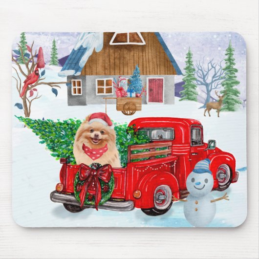 Pommerse hond in kerstcadeauwagen muismat (Voorkant)