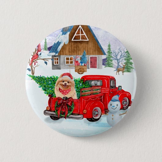 Pommerse hond in kerstcadeauwagen ronde button 5,7 cm (Voorkant)