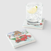 Pommerse hond in kerstcadeauwagen stenen onderzetter (Zijkant)