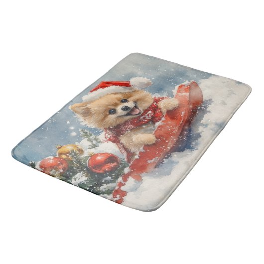 Pommerse Hond in Sledge Laat het Sneeuw Kerstmis Badmat (Gekanteld)