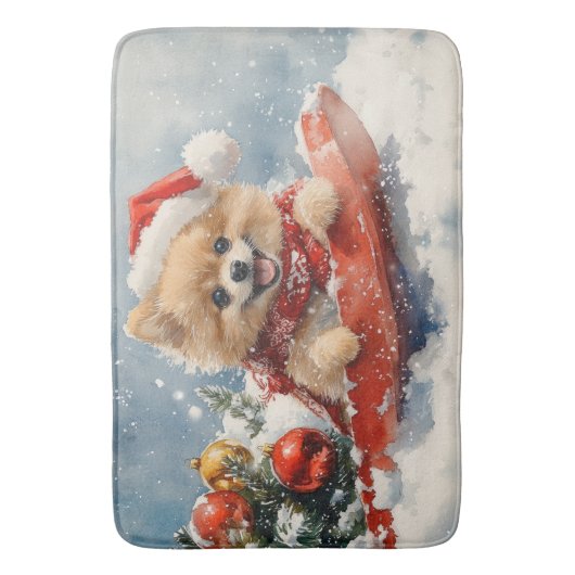 Pommerse Hond in Sledge Laat het Sneeuw Kerstmis Badmat (Voorkant Verticaal)