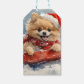 Pommerse Hond in Sledge Laat het Sneeuw Kerstmis Cadeaulabel (Voorkant)