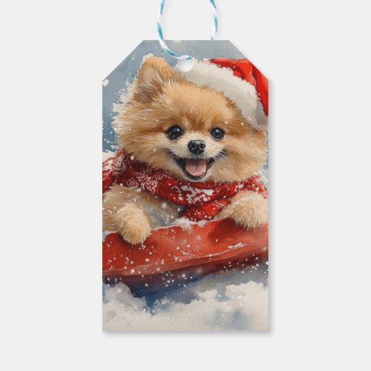 Pommerse Hond in Sledge Laat het Sneeuw Kerstmis Cadeaulabel (Achterkant)