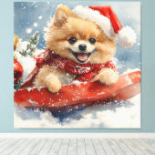 Pommerse Hond in Sledge Laat het Sneeuw Kerstmis Canvas Afdruk (Insitu (Houten vloer))