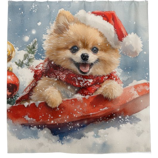 Pommerse Hond in Sledge Laat het Sneeuw Kerstmis Douchegordijn (Voorkant)