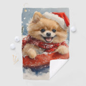 Pommerse Hond in Sledge Laat het Sneeuw Kerstmis Golfhanddoek (Insitu)