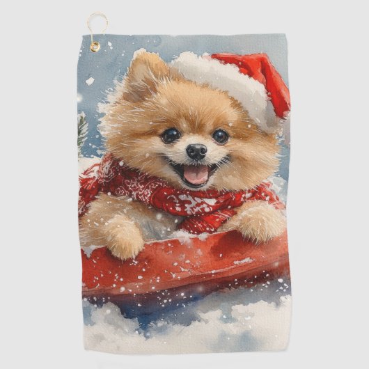Pommerse Hond in Sledge Laat het Sneeuw Kerstmis Golfhanddoek (Voorkant)