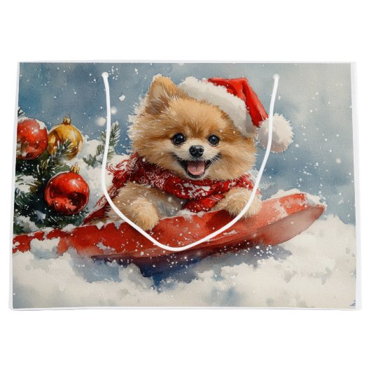 Pommerse Hond in Sledge Laat het Sneeuw Kerstmis Groot Cadeauzakje (Voorkant)