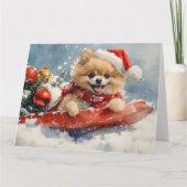 Pommerse Hond in Sledge Laat het Sneeuw Kerstmis Kaart (Voorkant)
