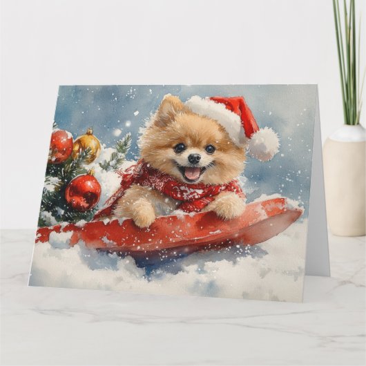 Pommerse Hond in Sledge Laat het Sneeuw Kerstmis Kaart (Voorkant)