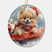 Pommerse Hond in Sledge Laat het Sneeuw Kerstmis Keramisch Ornament (Links)