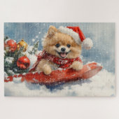 Pommerse Hond in Sledge Laat het Sneeuw Kerstmis Legpuzzel (Horizontaal)