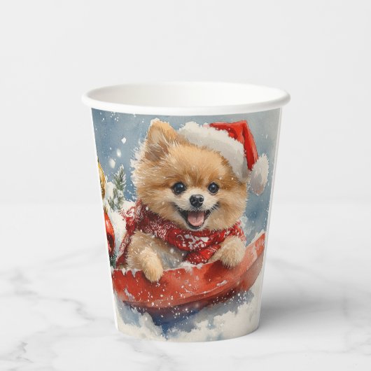 Pommerse Hond in Sledge Laat het Sneeuw Kerstmis Papieren Bekers (Achterkant)