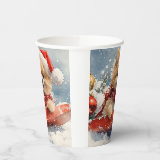 Pommerse Hond in Sledge Laat het Sneeuw Kerstmis Papieren Bekers (Links)