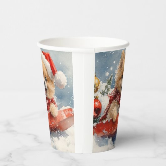Pommerse Hond in Sledge Laat het Sneeuw Kerstmis Papieren Bekers (Rechts)