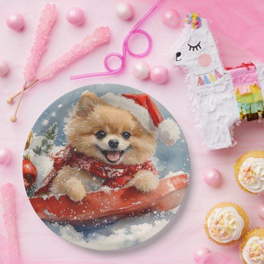 Pommerse Hond in Sledge Laat het Sneeuw Kerstmis Papieren Bordje (Feest)
