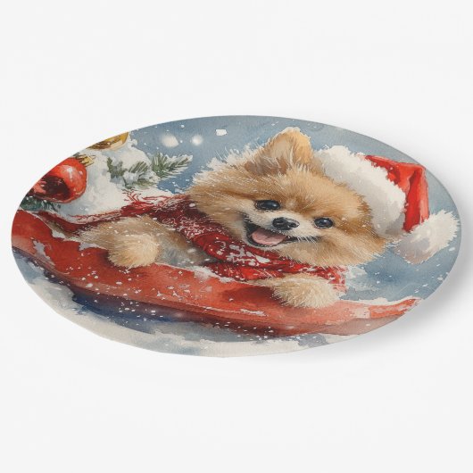 Pommerse Hond in Sledge Laat het Sneeuw Kerstmis Papieren Bordje (Gekanteld)