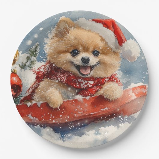 Pommerse Hond in Sledge Laat het Sneeuw Kerstmis Papieren Bordje (Voorkant)